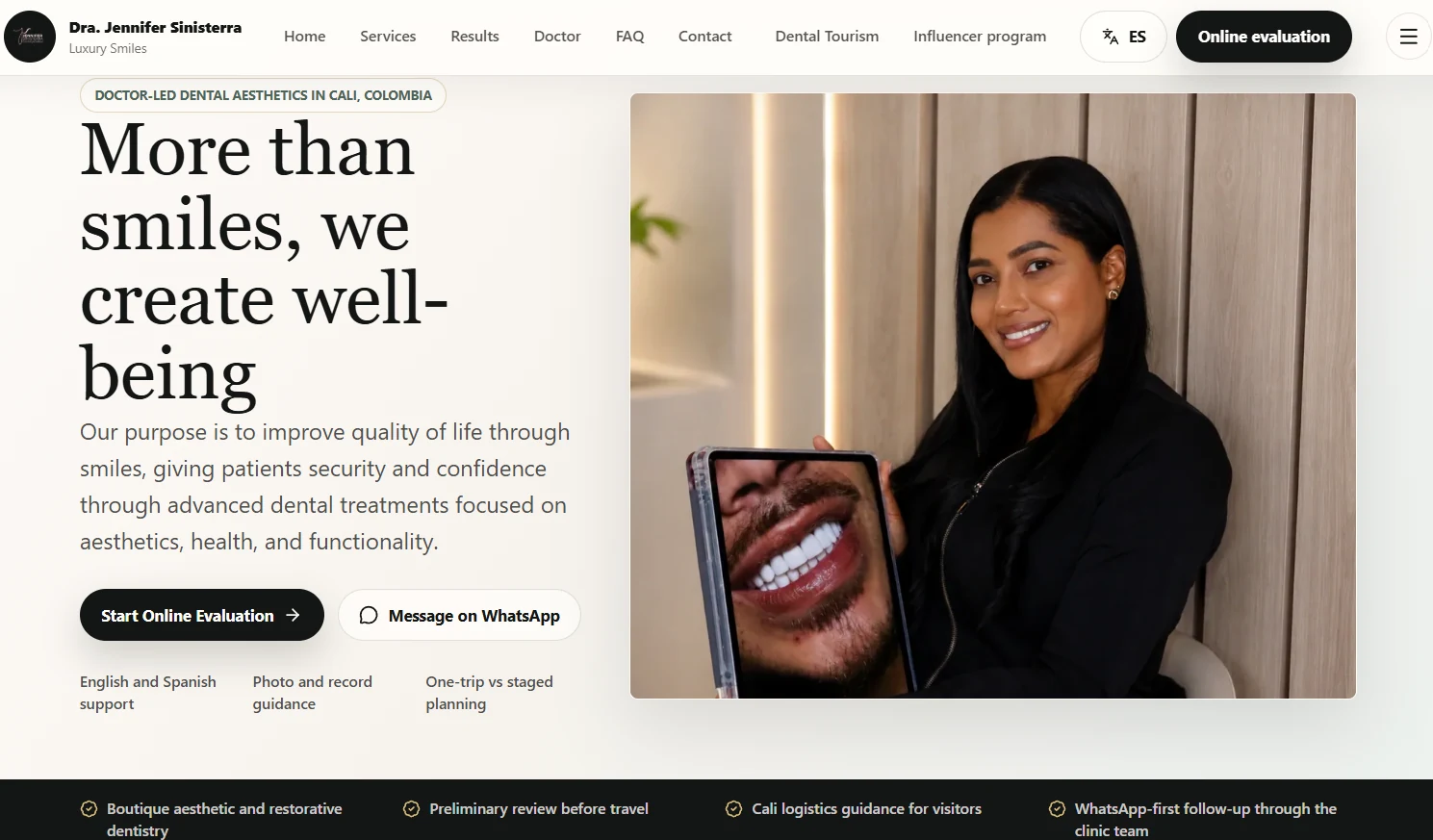 Dra. Jennifer Sinisterra aesthetic dentistry website homepage